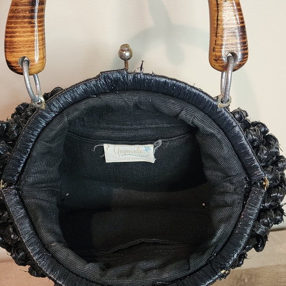 Vintage Wood Handle Purse Made in Japan Black Woven Acrylic Bowling Bag Shape - Picture 9 of 10